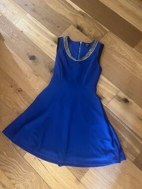 Royal Blue Sleeveless Fit & Flare Lined Dress W/ POCKETS Beaded Neckline +Zipper